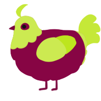 A maroon and lime chicken with a head pattern