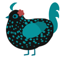 A black and teal chicken with a speckle pattern