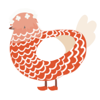 A vermilion and cream chicken with a lace pattern