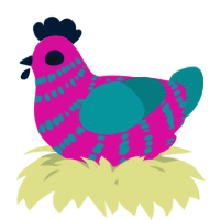 A fuchsia and teal chicken with a bar pattern