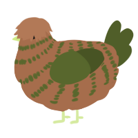 A brown and olive chicken with a bar pattern