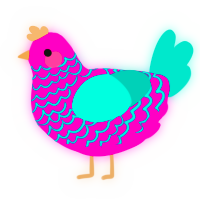 A fuchsia and turquoise chicken with a lace pattern