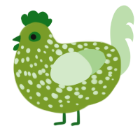 A chartreuse and gluppy chicken with a speckle pattern
