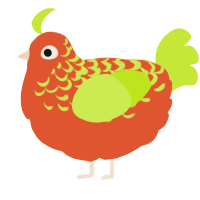 A vermilion and lime chicken with a half-lace pattern