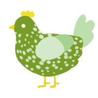 A chartreuse and gluppy chicken with a speckle pattern