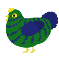 A leaf and navy chicken with a bar pattern