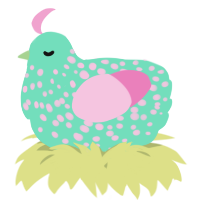 A mint and pink chicken with a speckle pattern