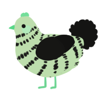A gluppy and black chicken with a bar pattern