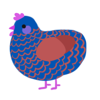 Stacy, a ultramarine and red chicken with a lace pattern