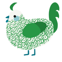 A white and viridian chicken with a double-lace pattern