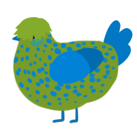 A chartreuse and sapphire chicken with a speckle pattern