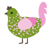 A chartreuse and pink chicken with a speckle pattern