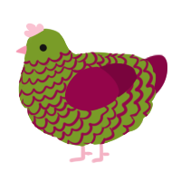 A chartreuse and maroon chicken with a lace pattern
