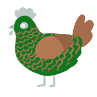 Lawnmower, a leaf and brown chicken with a lace pattern