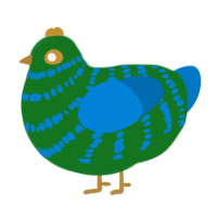 A leaf and sapphire chicken with a bar pattern