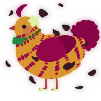 A orange and maroon chicken with a bar pattern