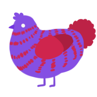 A blurple and crimson chicken with a bar pattern
