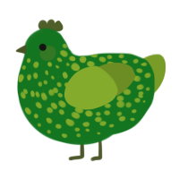 A leaf and chartreuse chicken with a speckle pattern