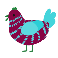 A maroon and aqua chicken with a bar pattern