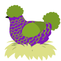 A violet and chartreuse chicken with a lace pattern