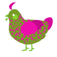 A chartreuse and fuchsia chicken with a speckle pattern