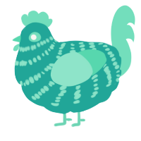 A turquoise and mint chicken with a bar pattern