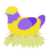 A yellow and blurple chicken with a head pattern
