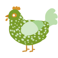 A chartreuse and gluppy chicken with a speckle pattern