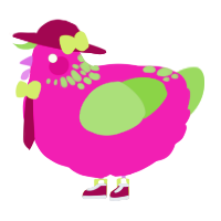 A fuchsia and grass chicken with a neck-speckle pattern