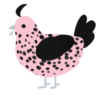 A rose and black chicken with a speckle pattern