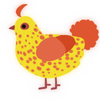 A yellow and vermilion chicken with a speckle pattern