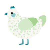 A white and gluppy chicken with a speckle pattern