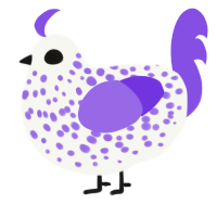 A white and blurple chicken with a speckle pattern