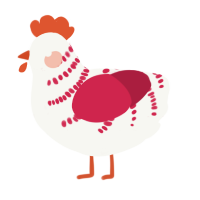 A white and crimson chicken with a half-bar pattern