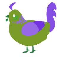 A chartreuse and blurple chicken with a neck-speckle pattern