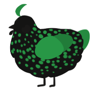 A black and viridian chicken with a speckle pattern