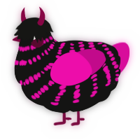 A black and fuchsia chicken with a bar pattern