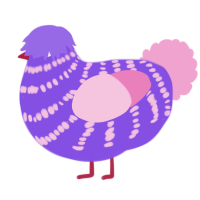 A blurple and pink chicken with a bar pattern