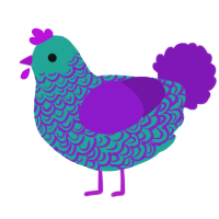 A turquoise and violet chicken with a double-lace pattern