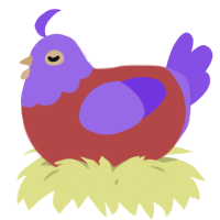 A red and blurple chicken with a head pattern