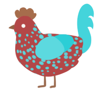 A red and aqua chicken with a speckle pattern