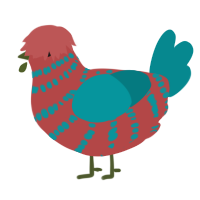 A red and teal chicken with a bar pattern