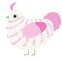 A white and pink chicken with a bar pattern
