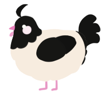 A cream and black chicken with a head pattern