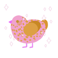 Happy, a pink and orange chicken with a speckle pattern