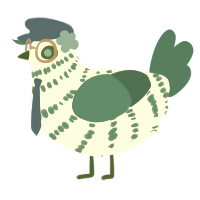 A cream and teal chicken with a bar pattern