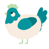 A cream and teal chicken with a head pattern
