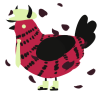 A crimson and black chicken with a bar pattern