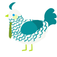 A white and teal chicken with a lace pattern