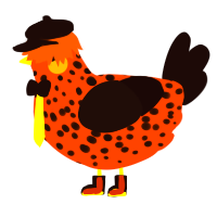 A vermilion and black chicken with a speckle pattern